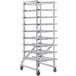 A Steelton mobile aluminum can rack with six shelves and wheels.