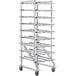 A Steelton mobile aluminum can rack with six shelves on wheels.