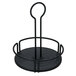 A Tablecraft black metal condiment caddy with a round handle.