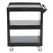 A black Cambro plastic utility cart with three shelves and wheels.