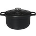 A black Chasseur enameled cast iron pot with a lid.