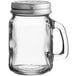 A Tablecraft clear glass mason jar shaker with a stainless steel lid.