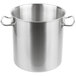 A silver Vollrath stainless steel stock pot with handles.