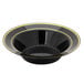 A close up of a Fineline black plastic soup bowl with gold bands.
