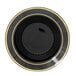 A Fineline black plastic soup bowl with a gold rim and bands.