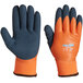 A pair of small Cordova orange thermal gloves with blue sandy latex palm coating on a white background.