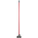 A red Lavex metal mop handle with a quick release feature.