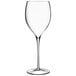 A close-up of a Luigi Bormioli clear wine glass with a long stem.