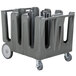 A gray plastic Vollrath dish caddy cart with four wheels and four handles.