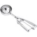 A silver round stainless steel ice cream scoop with a squeeze handle.
