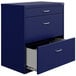 A navy blue Hirsh Industries lateral file cabinet with drawers.