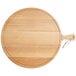 A round beech wood serving board with a handle.