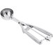 A silver stainless steel round ice cream scoop with a squeeze handle.