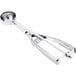 A silver stainless steel round squeeze handle ice cream scoop.