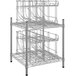 A metal rack with shelves and can racks on it.