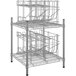 A Regency chrome wire shelf rack with can racks on several shelves.