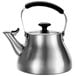 An OXO stainless steel tea kettle with a black handle.