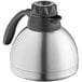 A silver stainless steel coffee carafe with a black handle and gauge.
