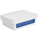 A white plastic container with a blue lid.