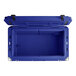 A navy blue CaterGator outdoor cooler with the lid open.
