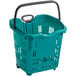 A green plastic shopping basket with black wheels and handles.