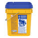 An Arm & Hammer yellow and blue bucket with a blue lid and a handle.
