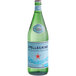A close up of a San Pellegrino Sparkling Natural Mineral Water bottle with a blue and white label with red stars.