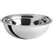 A set of three silver stainless steel mixing bowls on a white background.