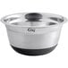 A silver stainless steel mixing bowl with a black silicone bottom.
