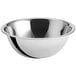 A silver stainless steel mixing bowl with a curved edge on a white background.