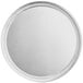 A close-up of a round silver Choice Aluminum Wide Rim Pizza Pan.