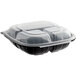 A Choice black plastic microwaveable container with clear lid and 3 compartments.