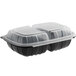 A black plastic Choice food container with two compartments and a clear plastic lid.