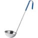 A Choice stainless steel ladle with a blue handle.