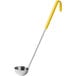 A Choice stainless steel ladle with a yellow handle.
