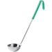 A Choice stainless steel ladle with a green coated handle.