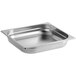 A stainless steel square food pan with a square edge.