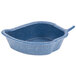 A blue polyethylene bowl with a handle.
