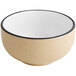 A beige stoneware bowl with a black rim.