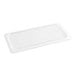 A translucent rectangular plastic lid on a white background.