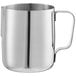 A Tablecraft stainless steel frothing pitcher with a handle.