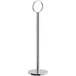 A Tablecraft chrome-plated metal menu and card holder with a round ring stand.