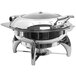 A Tablecraft stainless steel chafing dish with lid on a stand.