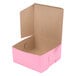 A 10" x 10" x 5" pink bakery box with the lid open.