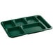 A forest green Choice right handed melamine tray with six compartments.