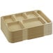 A stack of 12 tan melamine trays with six compartments.