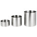 A Tablecraft stainless steel nesting riser set with three cylindrical containers.