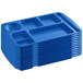 A stack of blue Choice right handed compartment trays with 7 compartments.