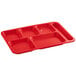 A red Choice heavy-duty melamine tray with six compartments.