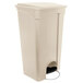 A beige rectangular plastic trash can with a lid and a black step.